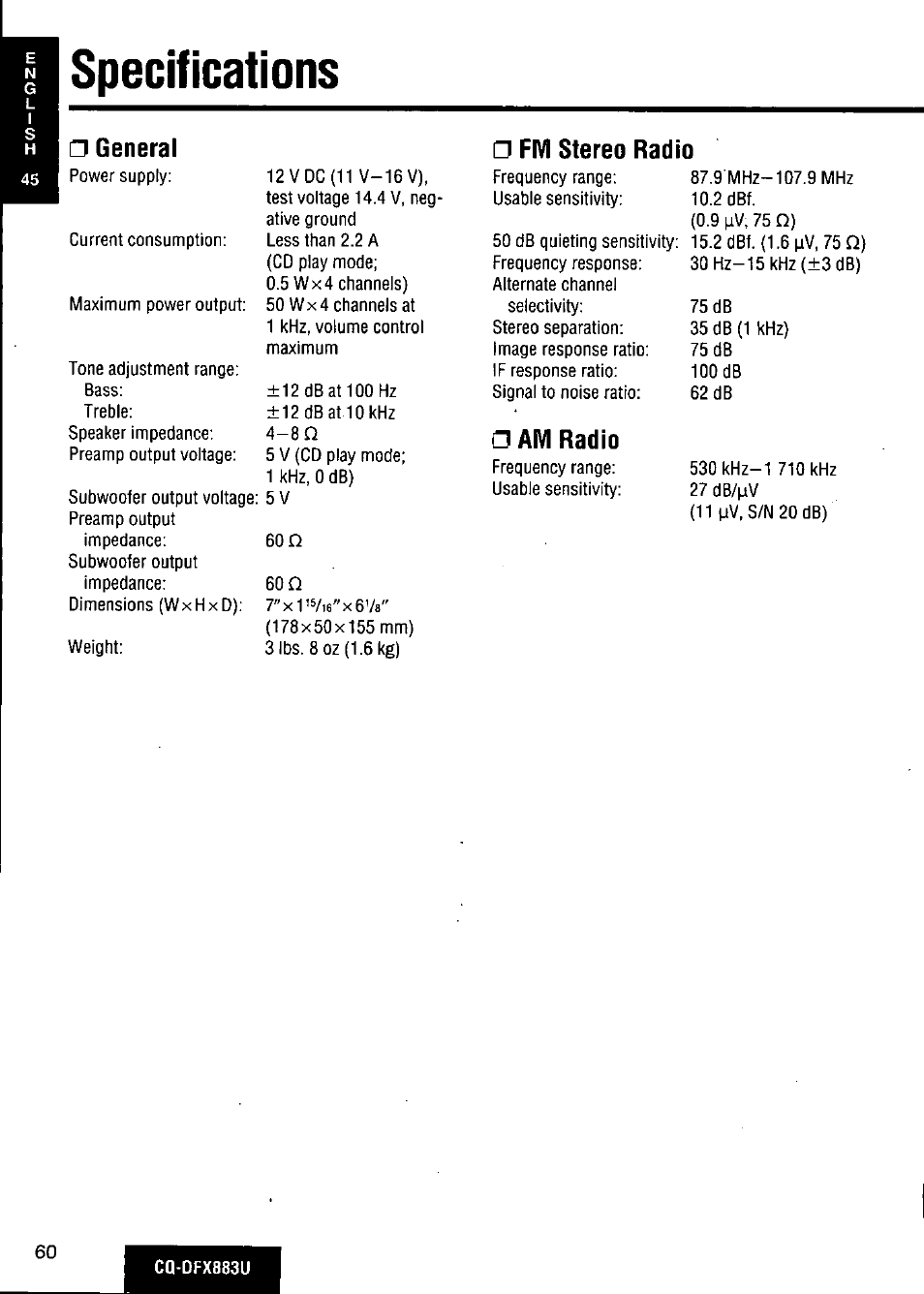 Specifications, General □ fm stereo radio, N am radio | Panasonic CQ-DFX883U User Manual | Page 60 / 156