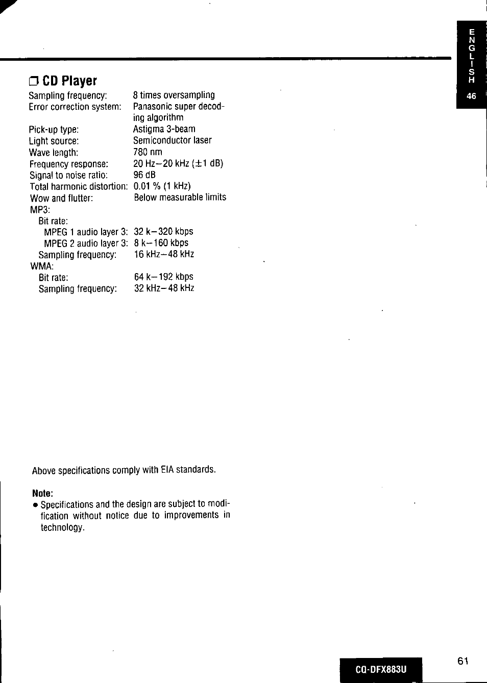 Cd player | Panasonic CQ-DFX883U User Manual | Page 61 / 156