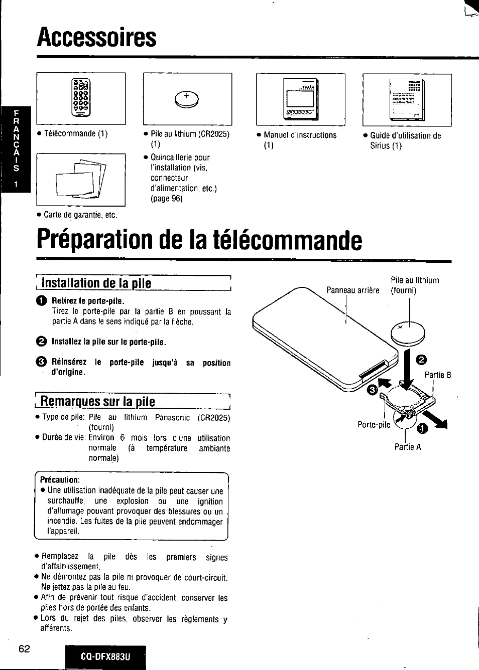 Accessoires, Préparation de ia télécommande, Installation de la pile | 0 installez la pile sur le porte-pile, Remarques sur la pile, Précaution, П préparation de la télécommande | Panasonic CQ-DFX883U User Manual | Page 62 / 156