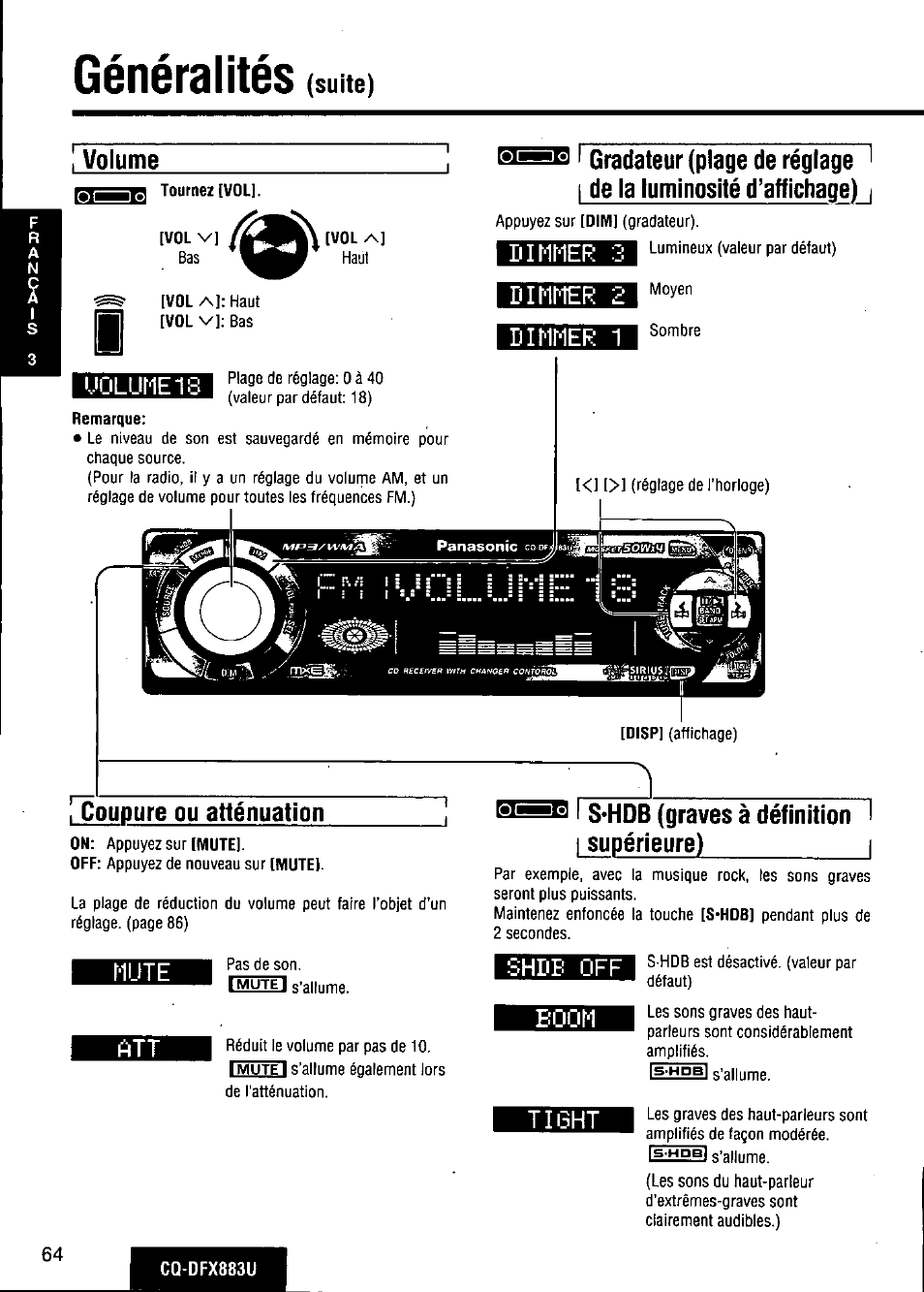 Généralités, Volume, Dimmer 2 | Dimmer 1, Mute, S'hdb (graves à définition i i supérieure), Shdb off, Boom, Th3ht, Suite) volume | Panasonic CQ-DFX883U User Manual | Page 64 / 156