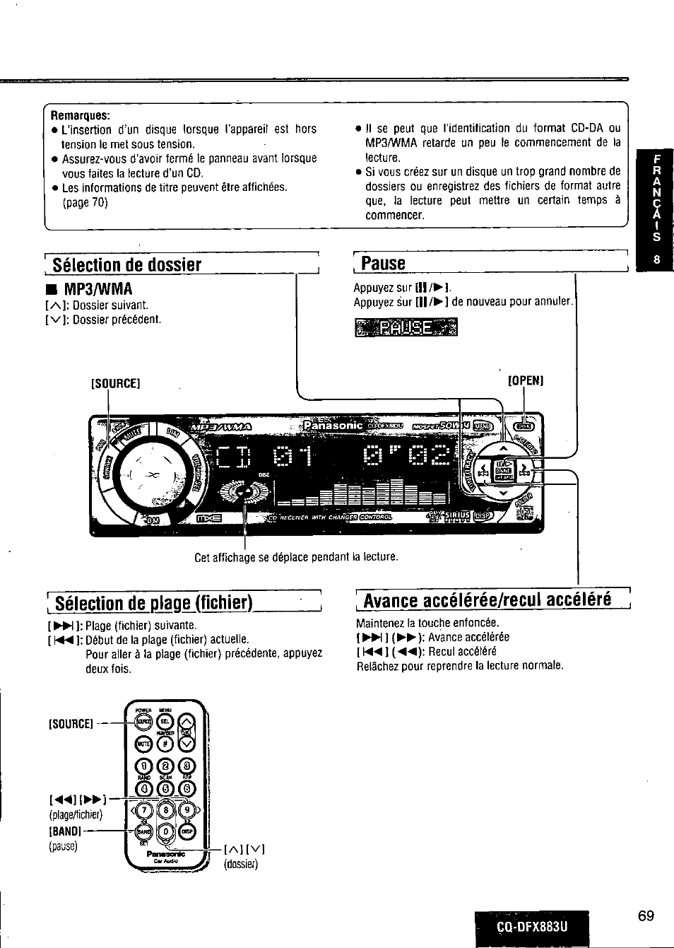 Sélection de dossier, Sélection de plage (fichier), Avance accélérée/recul accéléré | Pause | Panasonic CQ-DFX883U User Manual | Page 69 / 156