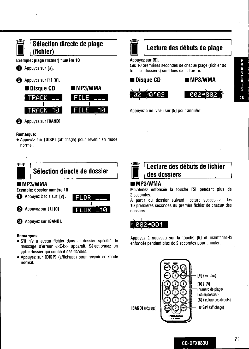Ta ' sélection directe de plage h i (fichier), Track, Track 10 | File, File _10, Remarque, M ^ lecture des débuts de plage, Sélection directe de dossier, Remarques, B ' lecture des débuts de fichier | Panasonic CQ-DFX883U User Manual | Page 71 / 156