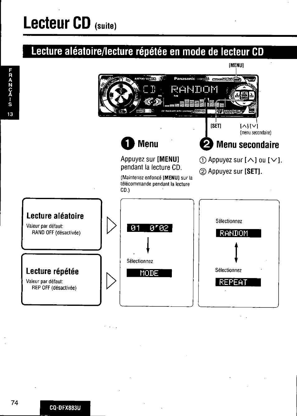 Lecture aléatoire, Lecture répétée, Menu | O menu secondaire, Lecteur cd | Panasonic CQ-DFX883U User Manual | Page 74 / 156