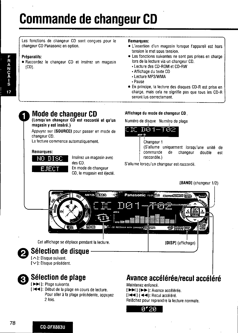Commande de changeur cd, Mode de changeur cd, Remarques | No disc, Eject, Affichage du mode de changeur cd, Sélection de disque, Sélection de plage, Avance accélérée/recul accéléré, No disc eject | Panasonic CQ-DFX883U User Manual | Page 78 / 156