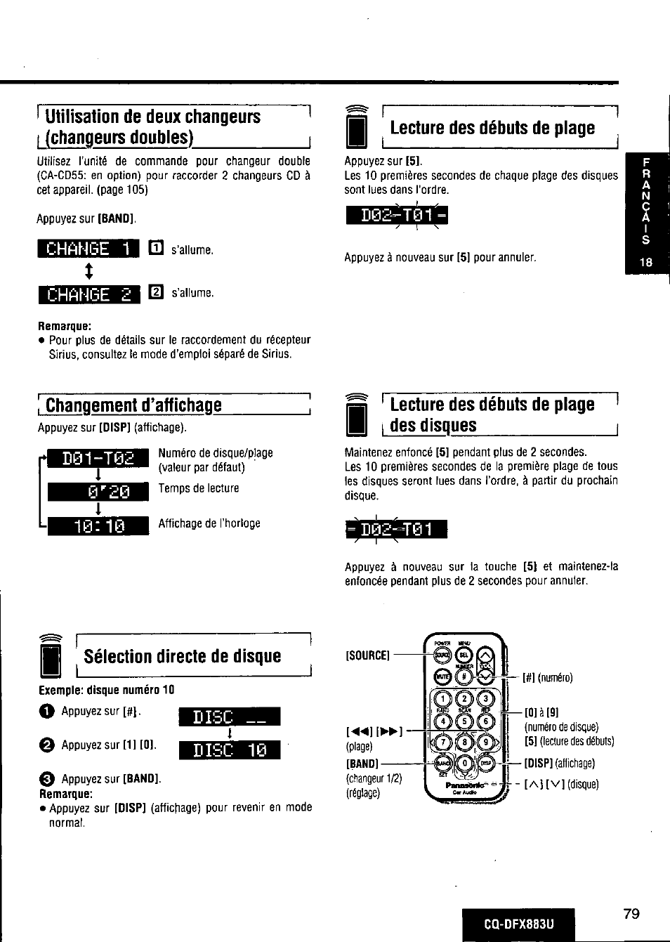 Change 1, Change 2, Remarque | D02--t01, Lecture des débuts de plage, Changement d'affichaqë, Sélection directe de disque, Change 1 change 2 | Panasonic CQ-DFX883U User Manual | Page 79 / 156