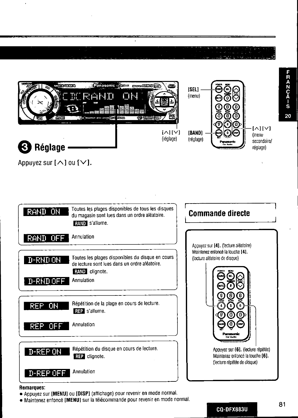 Rand off, Commande directe, Réglage | D-rhd oh ■ d-rnd off, Rep on, Rep off, D-rep on ■ d-rep off | Panasonic CQ-DFX883U User Manual | Page 81 / 156