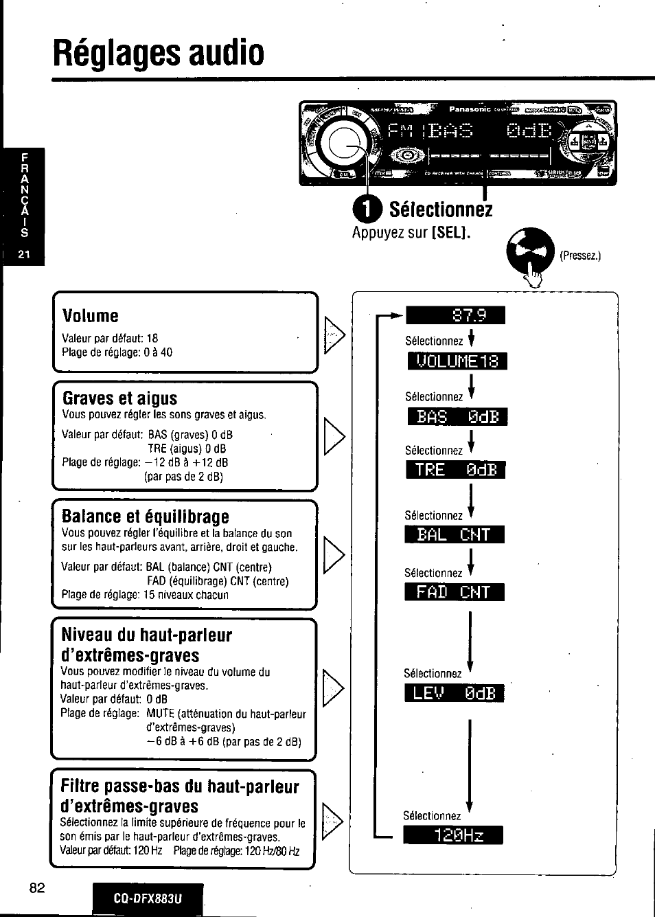 Réglages audio, Appuyez sur [sel, Volume | Graves et aigus, Balance et équilibrage, Niveau du haut-parleur d’extrêmes-graves, Filtre passe-bas du haut-parleur d’extrêmes-graves, Uolijme1, Eñs 0de, Tre 0de | Panasonic CQ-DFX883U User Manual | Page 82 / 156