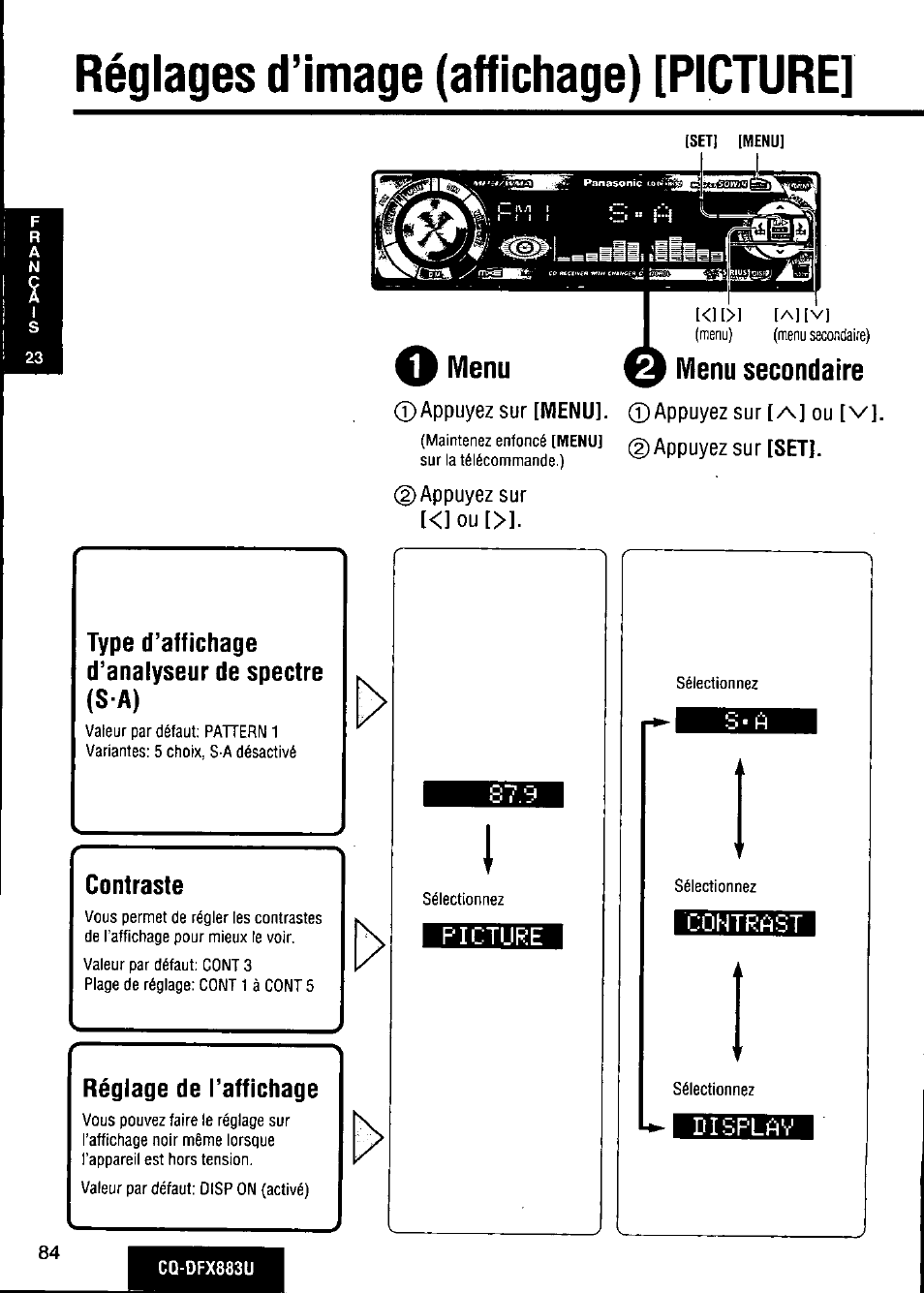 Réglages d’image (affichage) [picture, O menu secondaire, Appuyez sur [menu]. ©appuyez sur [/\] ou [v | Maintenez enfoncé [menu! gj /\npuyez sur [set, Appuyez sur, Contrast, Sélectionnez, Nisflav, Type d’affichage d’analyseur de spectre ( s a ), Contraste | Panasonic CQ-DFX883U User Manual | Page 84 / 156