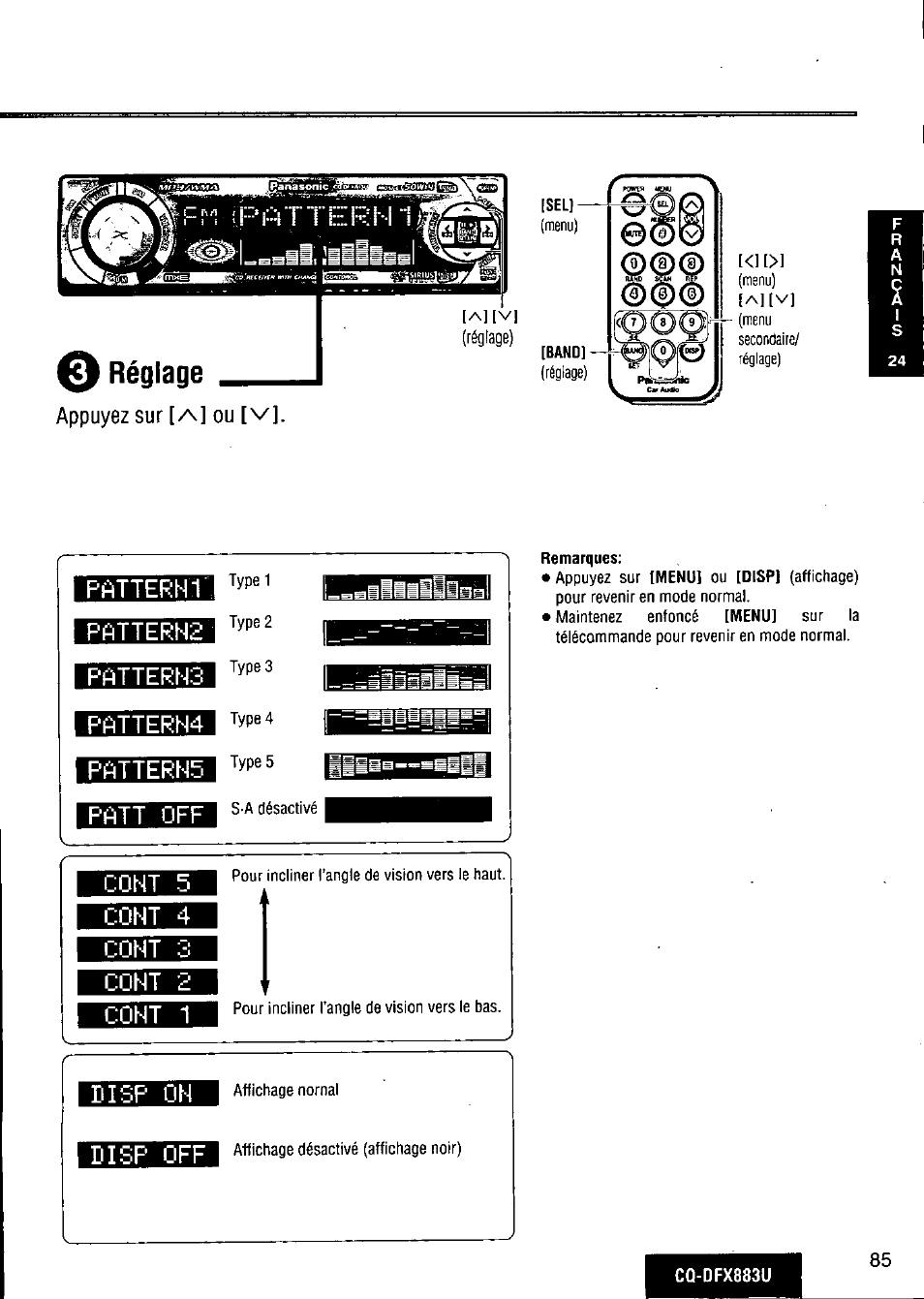 Coht 5, Cont 4, Cont 2 | Disp on, Disp off, Appuyez sur [^] ou [v, Coht 5 cont 4, Cont 2 cont 1, Disp on disp off | Panasonic CQ-DFX883U User Manual | Page 85 / 156