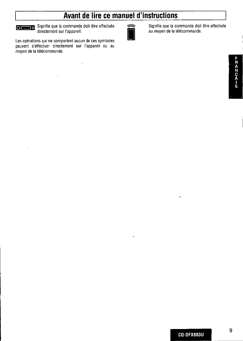 Avant de lire ce manuel d’instructions | Panasonic CQ-DFX883U User Manual | Page 9 / 156