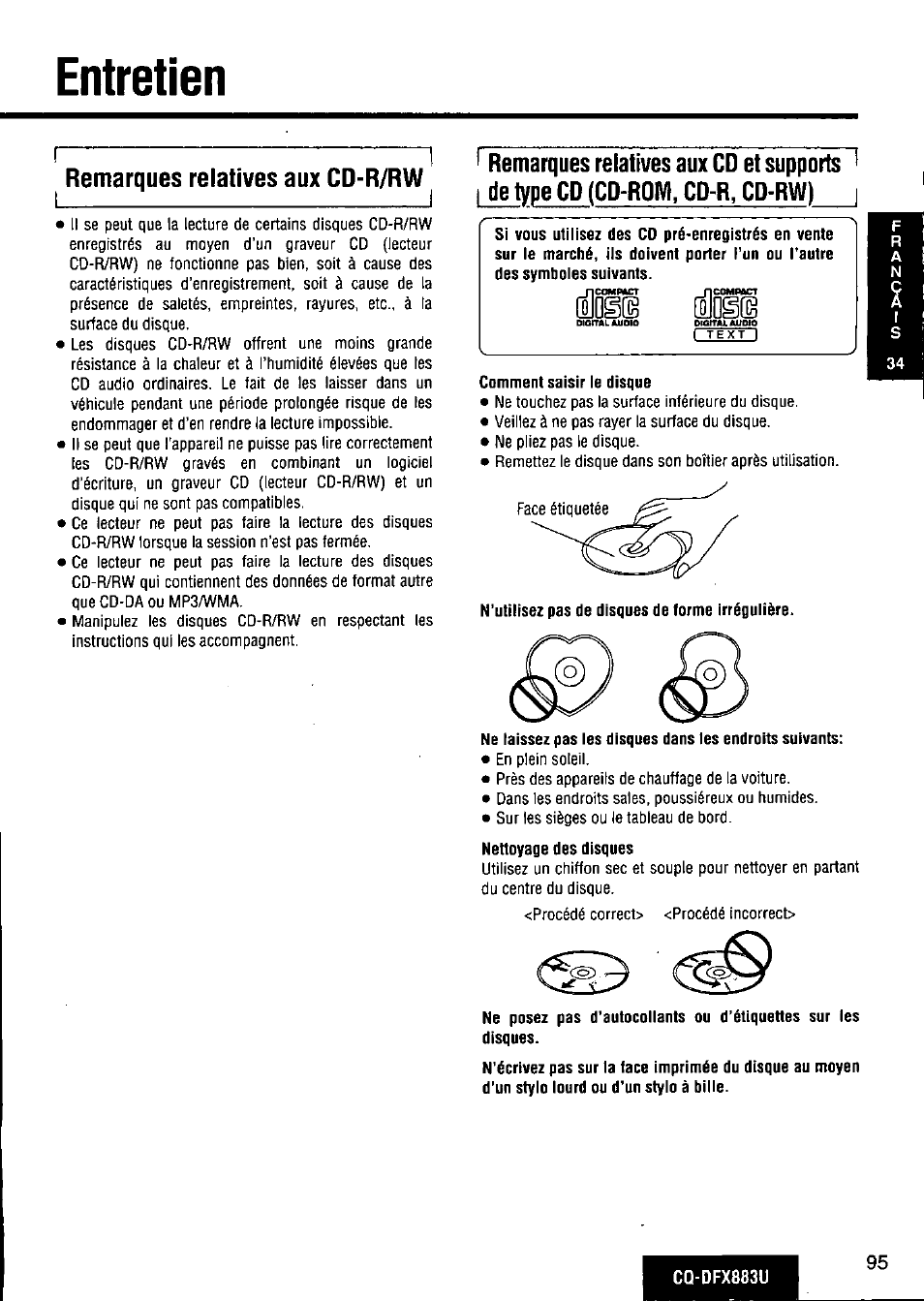 Entretien, Remarques relatives aux cd-r/rw, Comment saisir le disque | N’utilisez pas de disques de forme irrégulière, Remarques relatives aux cd et supports, De type cd (cd-rom, cd-r, cd-rw) | Panasonic CQ-DFX883U User Manual | Page 95 / 156