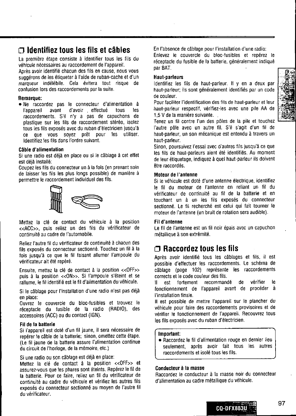 G identifiez tous les fils et câbles, Câble d’alimentation, Fil de la batterie | Moteur de l’antenne, Fil d’antenne, G raccordez tous les fils, Conducteur à ta masse | Panasonic CQ-DFX883U User Manual | Page 97 / 156