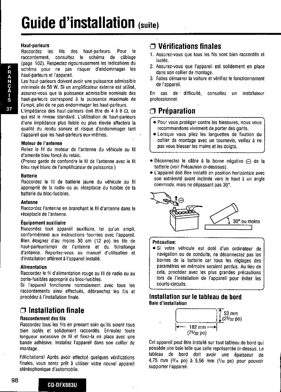 Haut-parleurs, Moteur de l’antenne, Antenne | Alimentation, Installation finale, Vérifications finales, Préparation, Installation sur le tableau de bord, Guide d’installation, Suite) | Panasonic CQ-DFX883U User Manual | Page 98 / 156