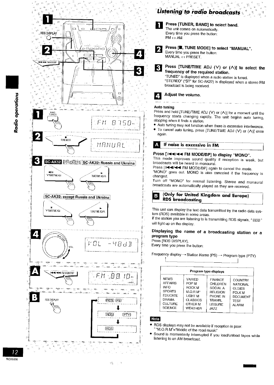 Press [tuner, band] to select band, Press [■, tune mode] to select “manual, Adjust the volume | Ifsfeiimg i | Panasonic SC- AK54 User Manual | Page 12 / 32