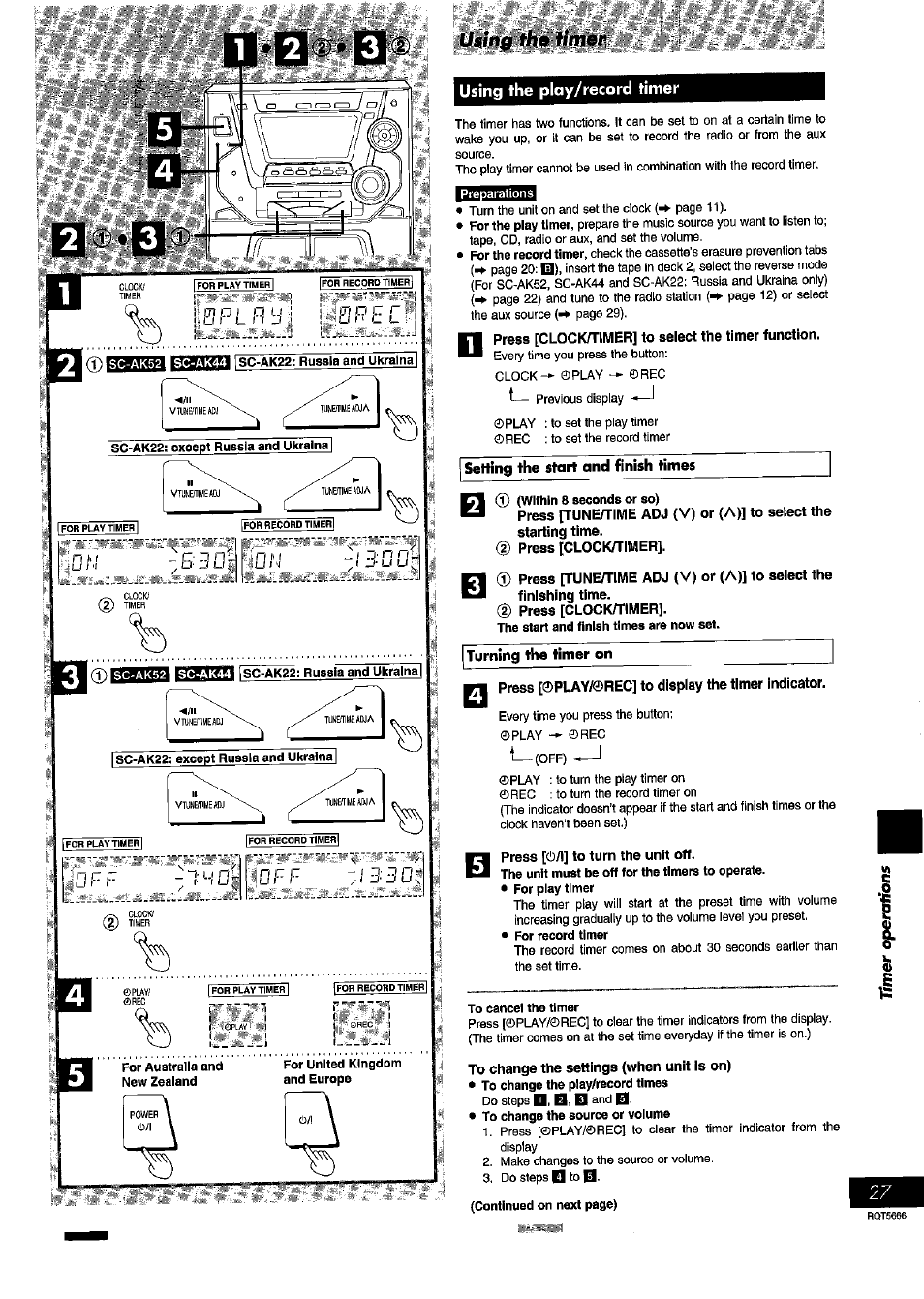 Using the play/record timer, Press [0play/0rec] to display the timer indicator, Press [©yi] to turn the unit off | Using the ptay/record timer | Panasonic SC- AK54 User Manual | Page 27 / 32