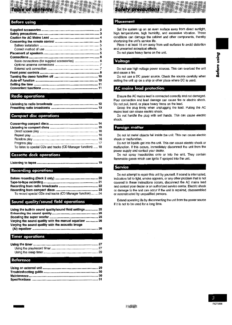 Before using, Voltage, Ac mains lead protection | Foreign matter, Service, Table of càntents, J§àfety fii^eauhàhs, Placement | Panasonic SC- AK54 User Manual | Page 3 / 32