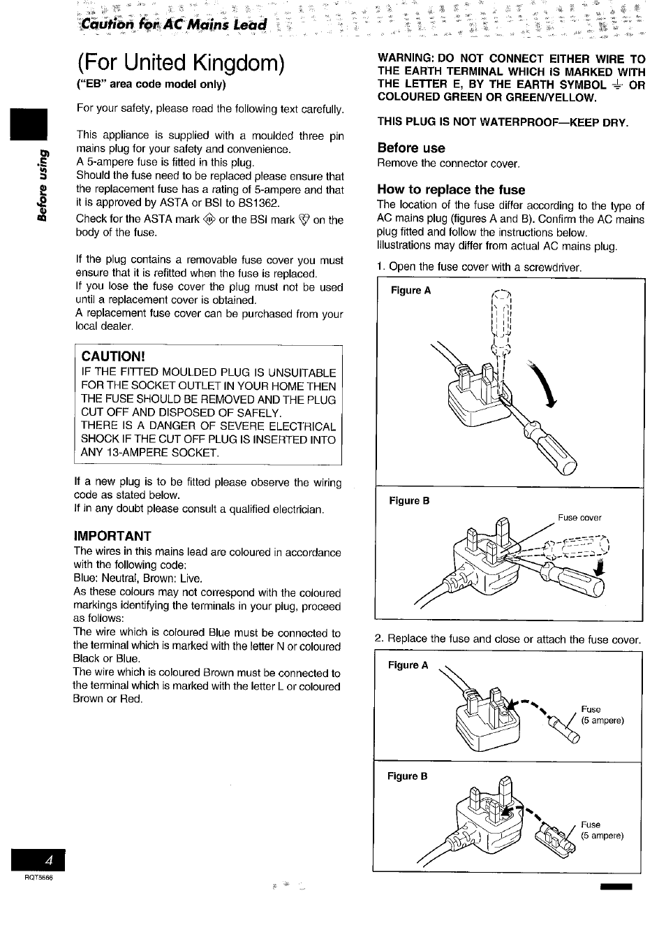 Important, This plug is not waterproof—keep dry, Before use | How to replace the fuse, For united kingdom) | Panasonic SC- AK54 User Manual | Page 4 / 32