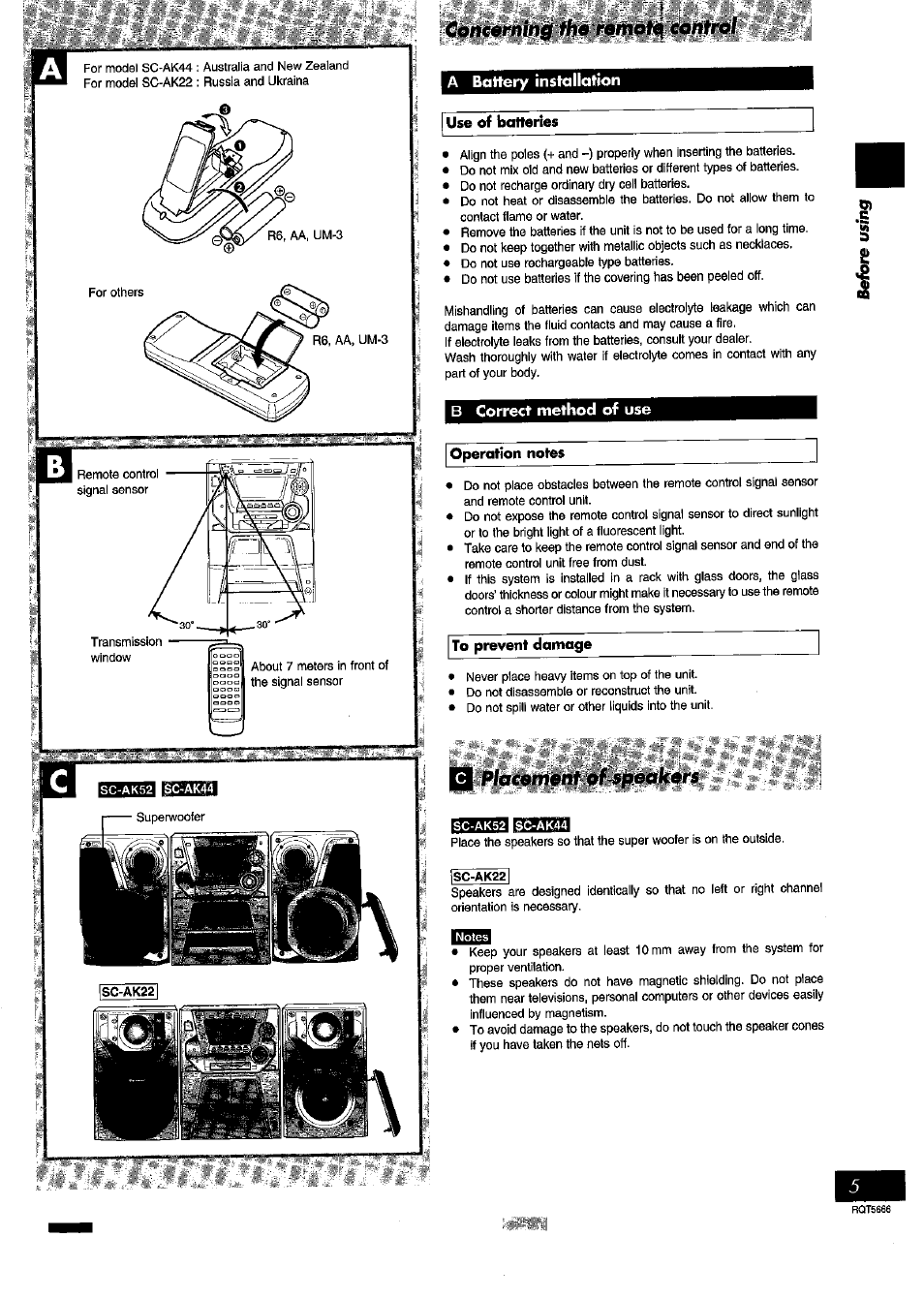 A baftery insfallation, Use of batteries, B correct method of use | Operation notes, To prevent damage, Battery installation, Correct method of use | Panasonic SC- AK54 User Manual | Page 5 / 32