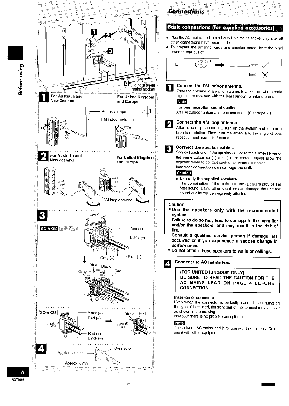 Connect the fm indoor antenna, Connect the am loop antenna, Connect the speaker cables | Connect the ac mains lead | Panasonic SC- AK54 User Manual | Page 6 / 32
