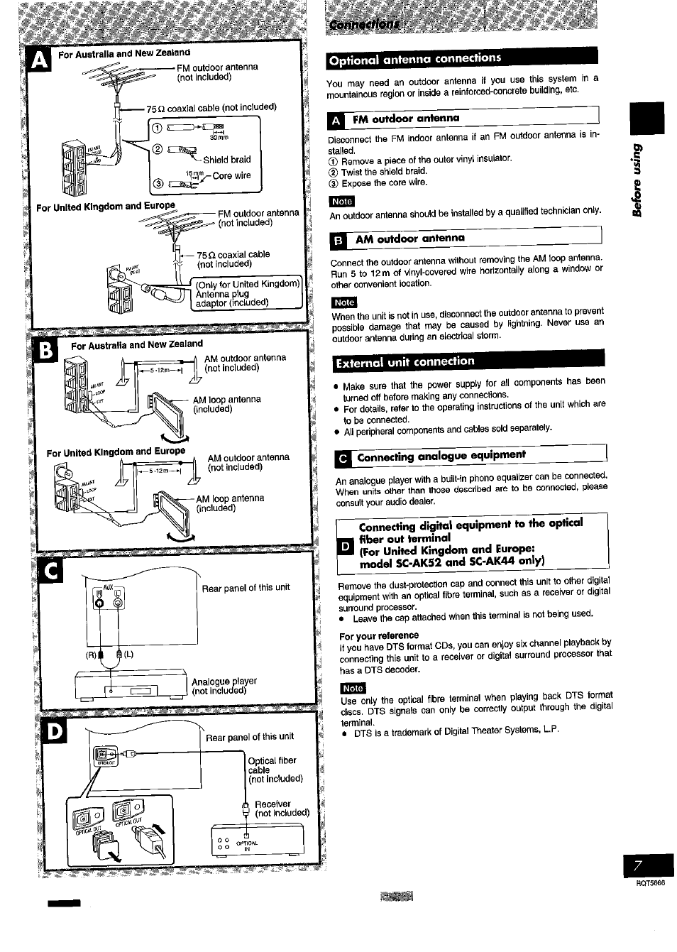 Optional antenna connections, Fm outdoor antenna, Am outdoor antenna | External unit connection, Connecting analogue equipment | Panasonic SC- AK54 User Manual | Page 7 / 32