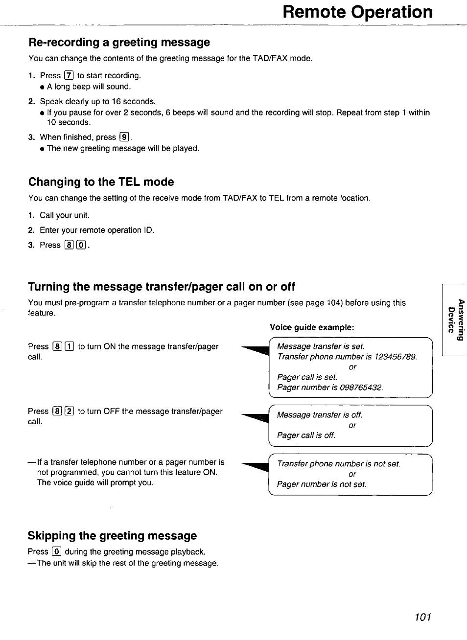 Re-recording a greeting message, Changing to the tel mode, Skipping the greeting message | Remote operation | Panasonic Compact Plain Paper FAX KX-FP270 User Manual | Page 101 / 144