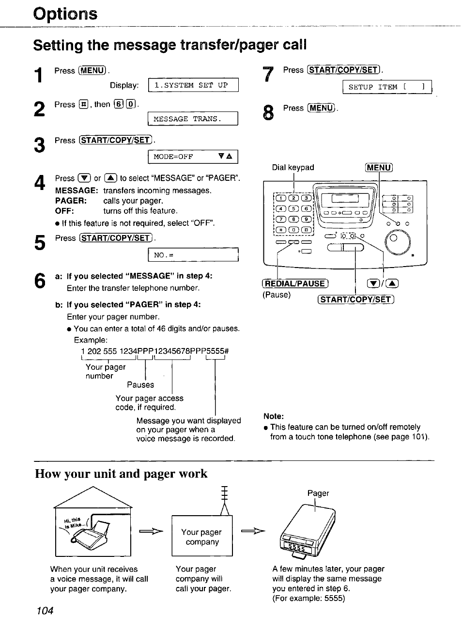 Options, Setting the message transfer/pager call, How your unit and pager work | Panasonic Compact Plain Paper FAX KX-FP270 User Manual | Page 104 / 144