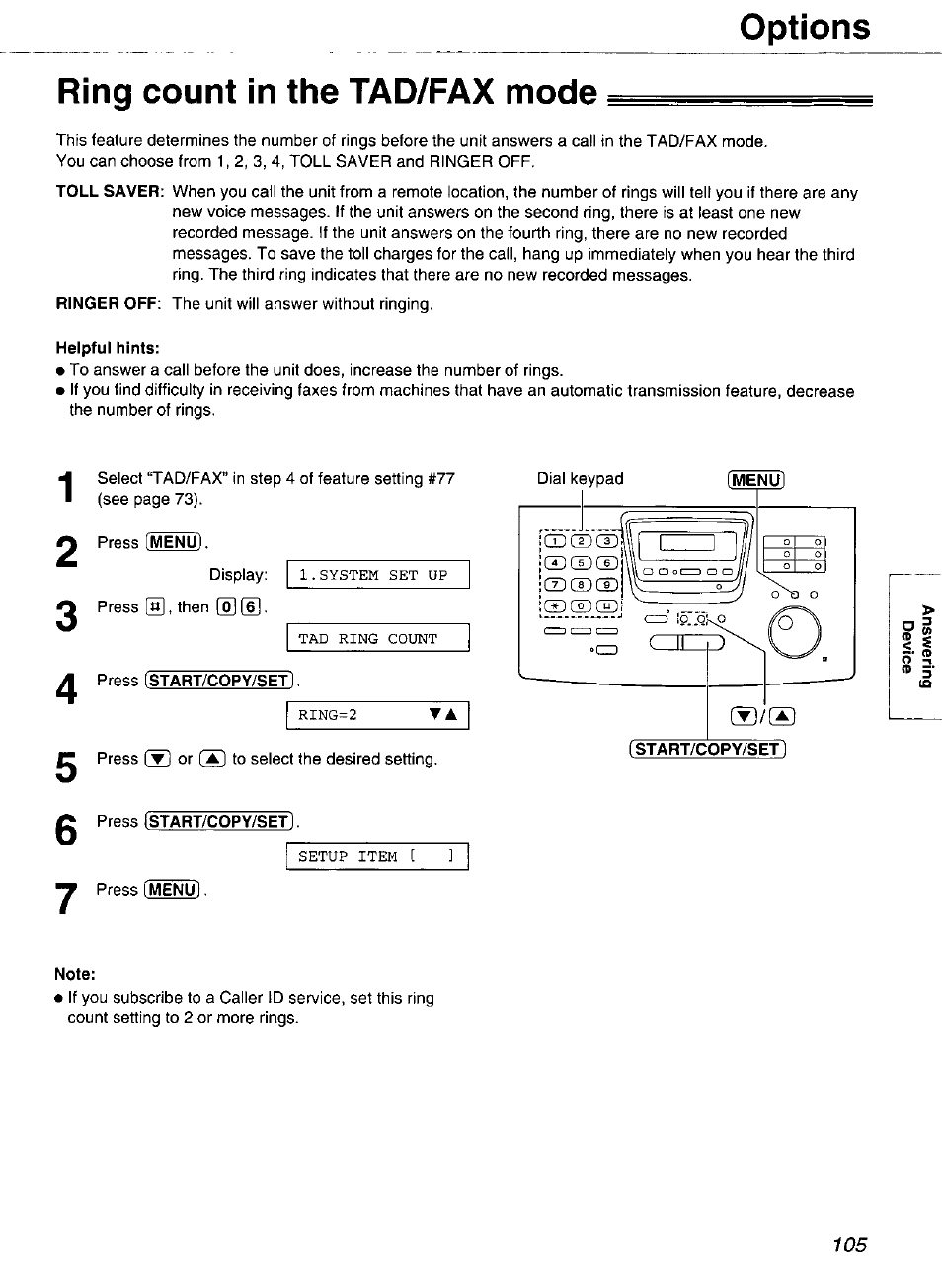 Ring count in the tad/fax mode, Options | Panasonic Compact Plain Paper FAX KX-FP270 User Manual | Page 105 / 144