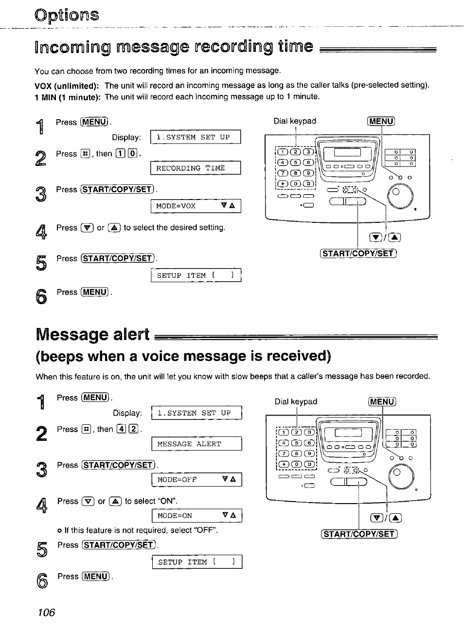 Dncoming message recording time, Beeps when a voice message is received), Incoming message recording time | Dncoming message recording time options, Message alert | Panasonic Compact Plain Paper FAX KX-FP270 User Manual | Page 106 / 144