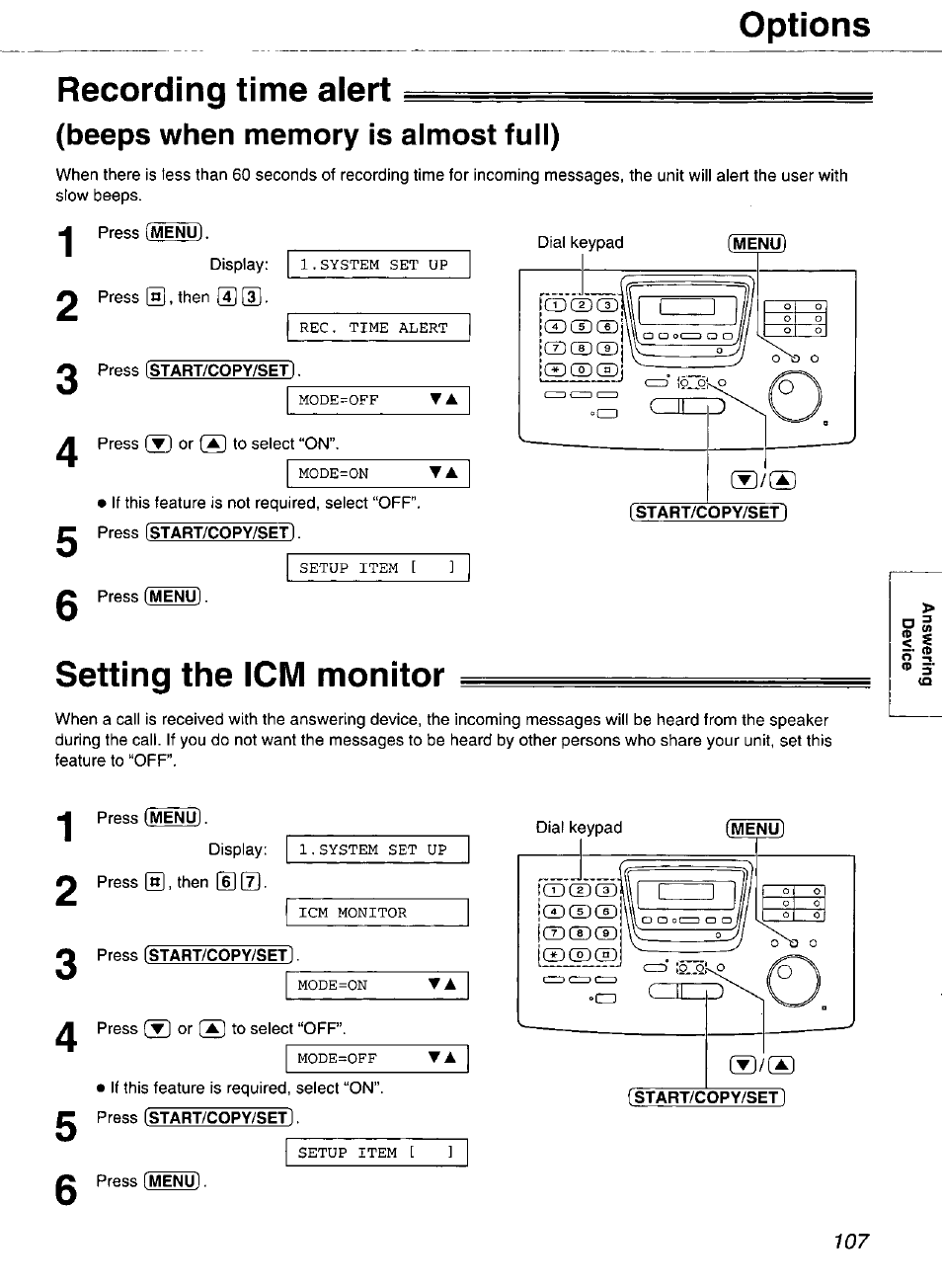 Recording time alert, Beeps when memory is almost full), Setting the icm monitor | Options | Panasonic Compact Plain Paper FAX KX-FP270 User Manual | Page 107 / 144