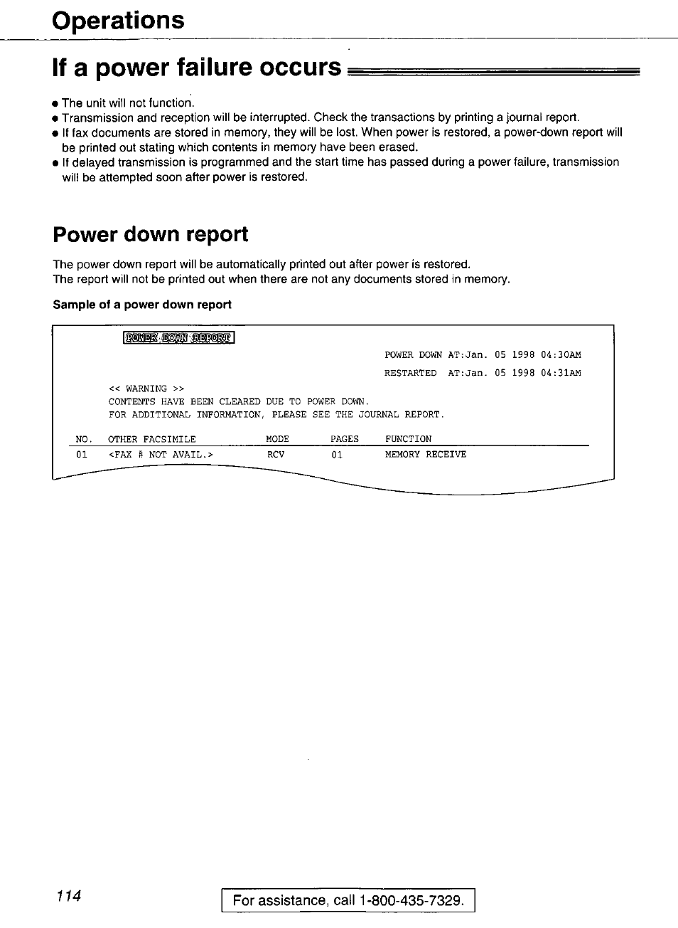 Operations, If a power failure occurs, Power down report | Sample of a power down report, Operations if a power failure occurs | Panasonic Compact Plain Paper FAX KX-FP270 User Manual | Page 114 / 144