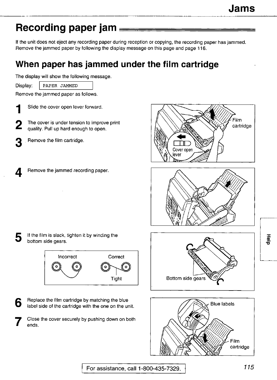 Recording paper jam, When paper has jammed under the film cartridge, Jams | Panasonic Compact Plain Paper FAX KX-FP270 User Manual | Page 115 / 144