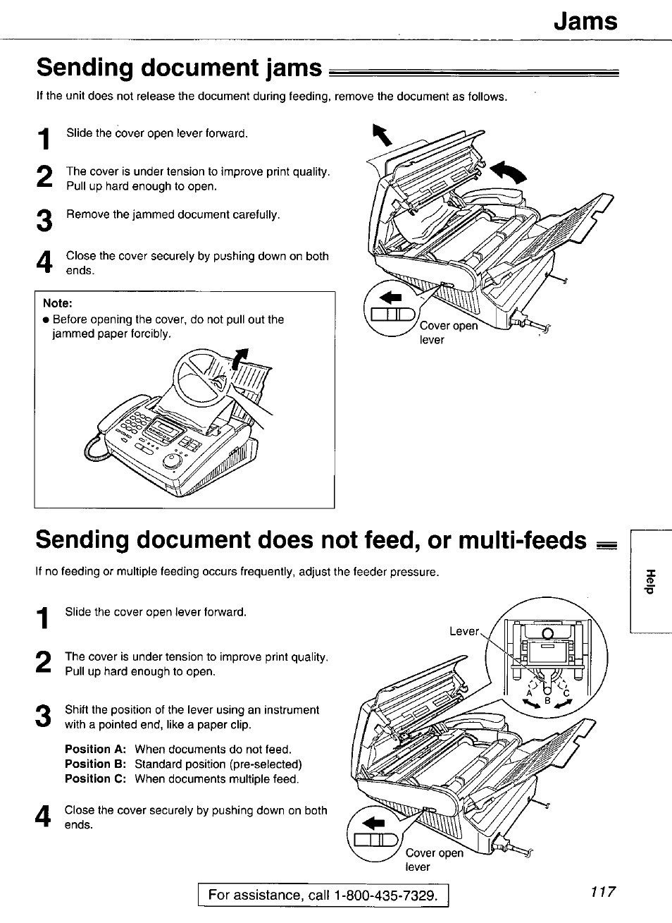 Sending document jams, Sending document does not feed, or multi-feeds, Jams | Panasonic Compact Plain Paper FAX KX-FP270 User Manual | Page 117 / 144