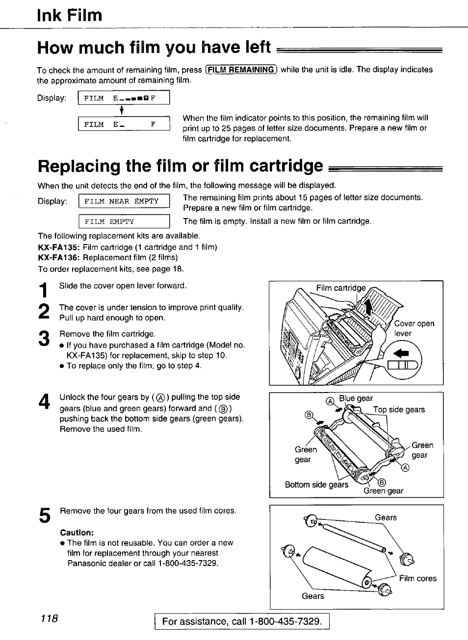 Ink film, How much film you have left, Replacing the film or film cartridge | Ink film how much film you have left | Panasonic Compact Plain Paper FAX KX-FP270 User Manual | Page 118 / 144