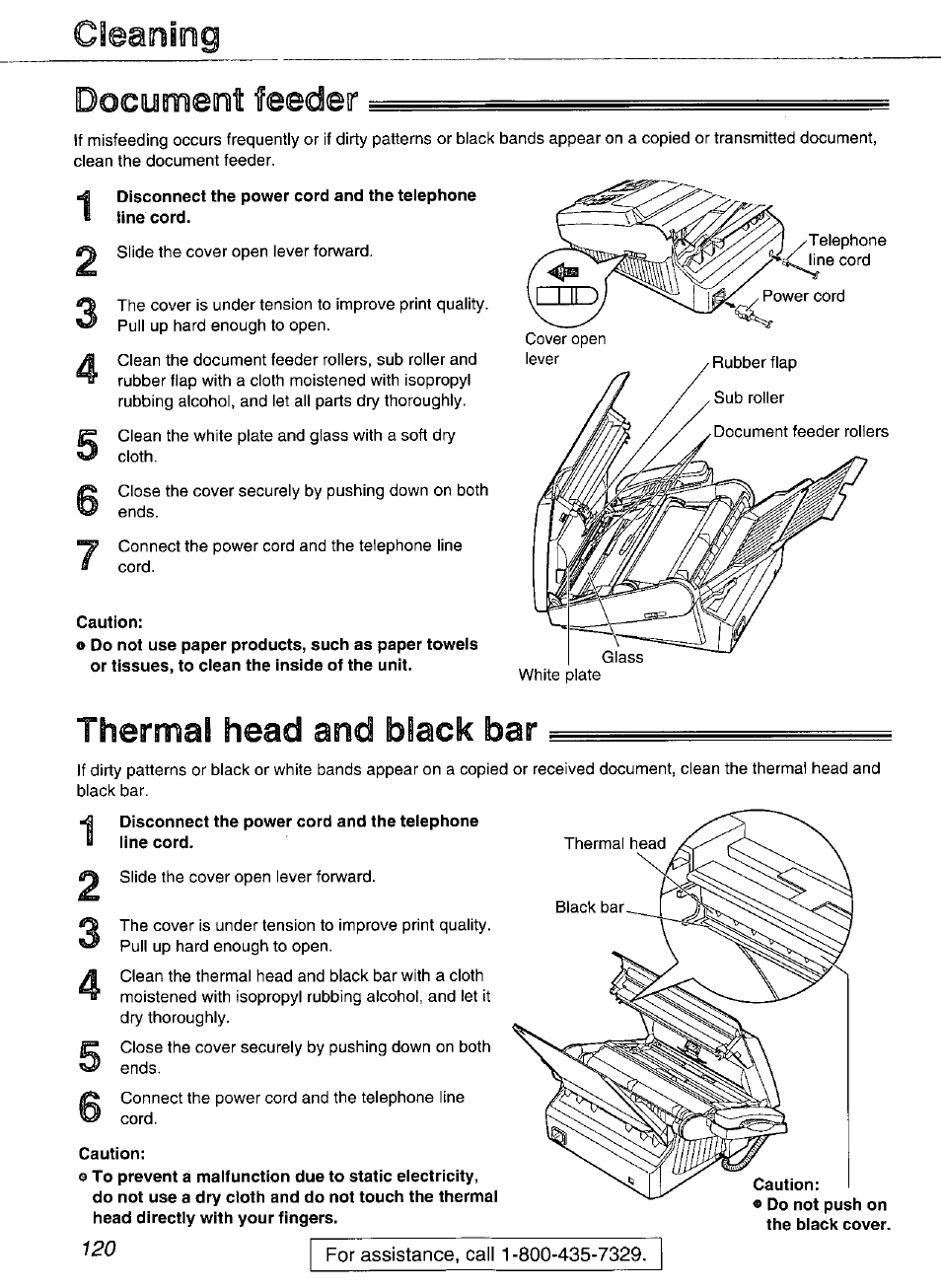 Document feeder, Thermal head and black bar, Caution | Cseaninig document feeder | Panasonic Compact Plain Paper FAX KX-FP270 User Manual | Page 120 / 144