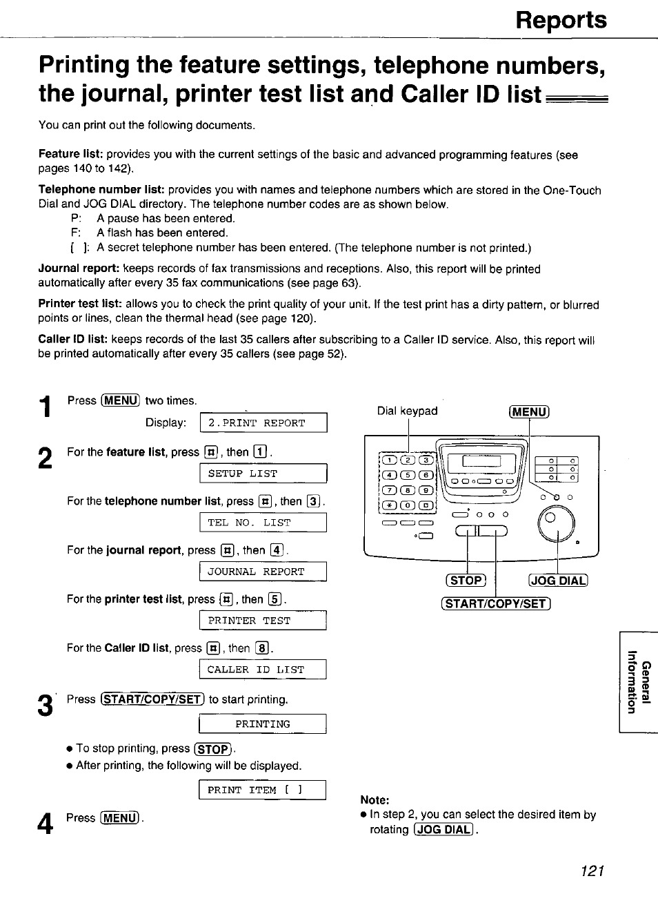 Note, Reports | Panasonic Compact Plain Paper FAX KX-FP270 User Manual | Page 121 / 144