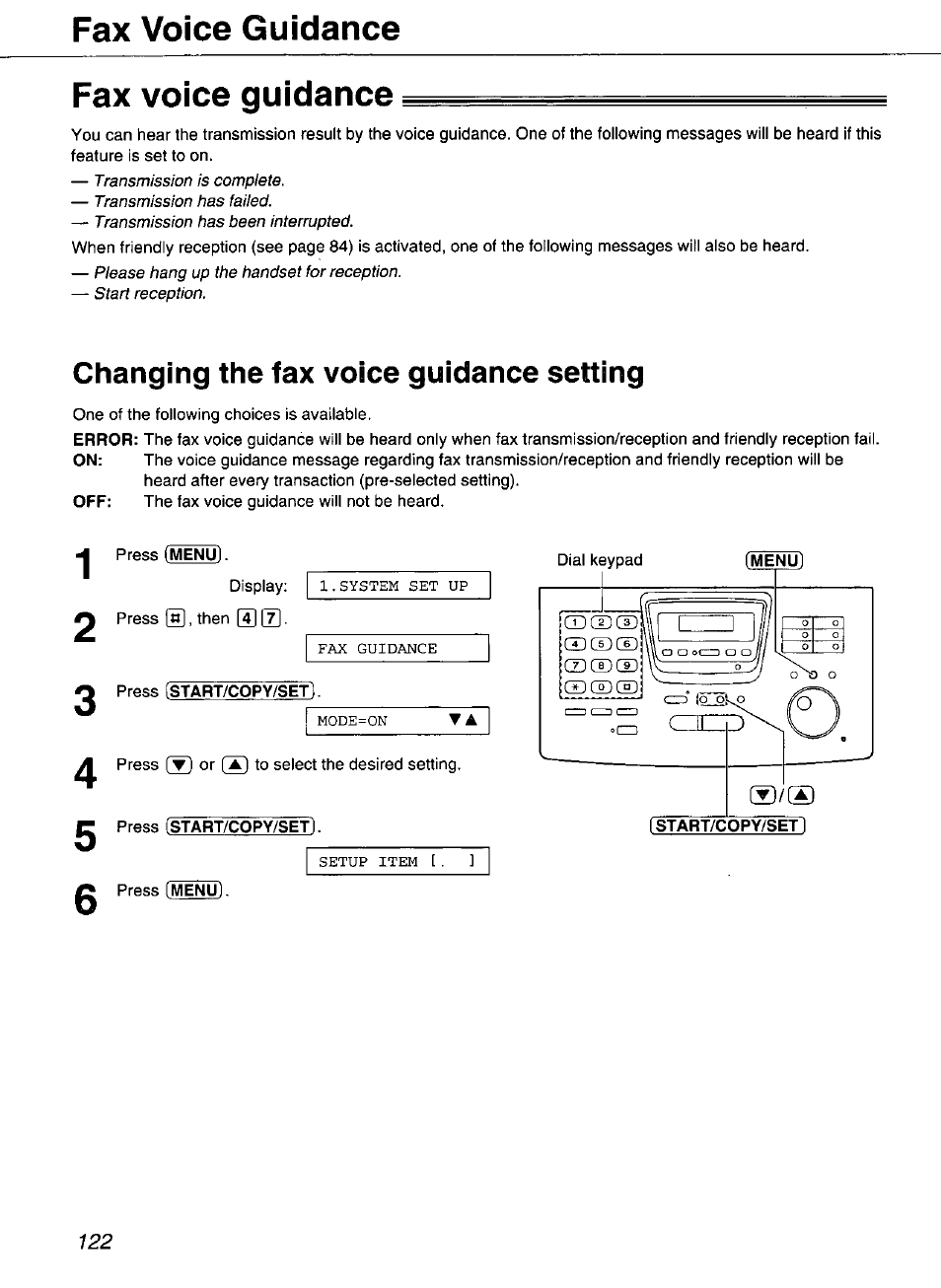 Fax voice guidance, Changing the fax voice guidance setting, Fax voice guidance fax voice guidance | Panasonic Compact Plain Paper FAX KX-FP270 User Manual | Page 122 / 144