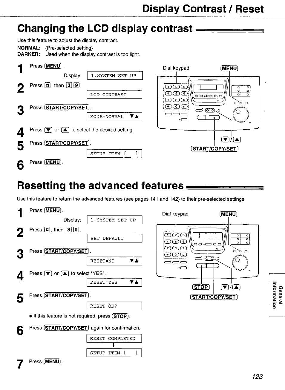 Changing the lcd display contrast, Resetting the advanced, Display contrast / reset | Panasonic Compact Plain Paper FAX KX-FP270 User Manual | Page 123 / 144