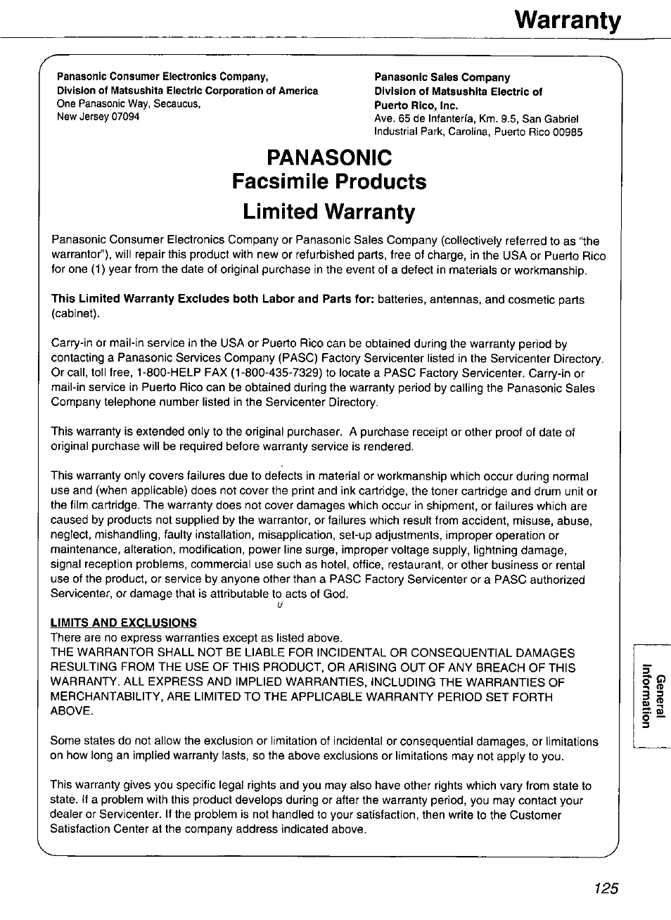 Panasonic facsimile products, Limited warranty, Limits and exclusions | Warranty, Panasonic facsimile products limited warranty | Panasonic Compact Plain Paper FAX KX-FP270 User Manual | Page 125 / 144