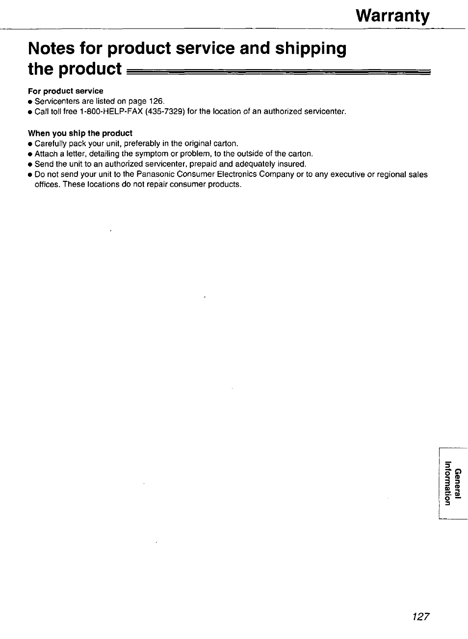 Notes for product service and shipping the product, For product service, When you ship the product | Warranty | Panasonic Compact Plain Paper FAX KX-FP270 User Manual | Page 127 / 144