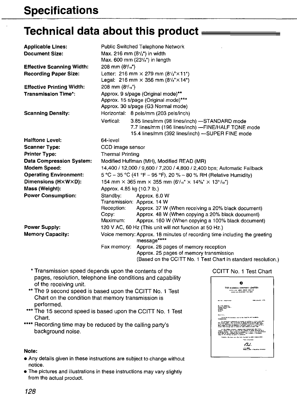 Specifications, Technical data about this product, Note | Specifícations, Specifications technical data about this product | Panasonic Compact Plain Paper FAX KX-FP270 User Manual | Page 128 / 144