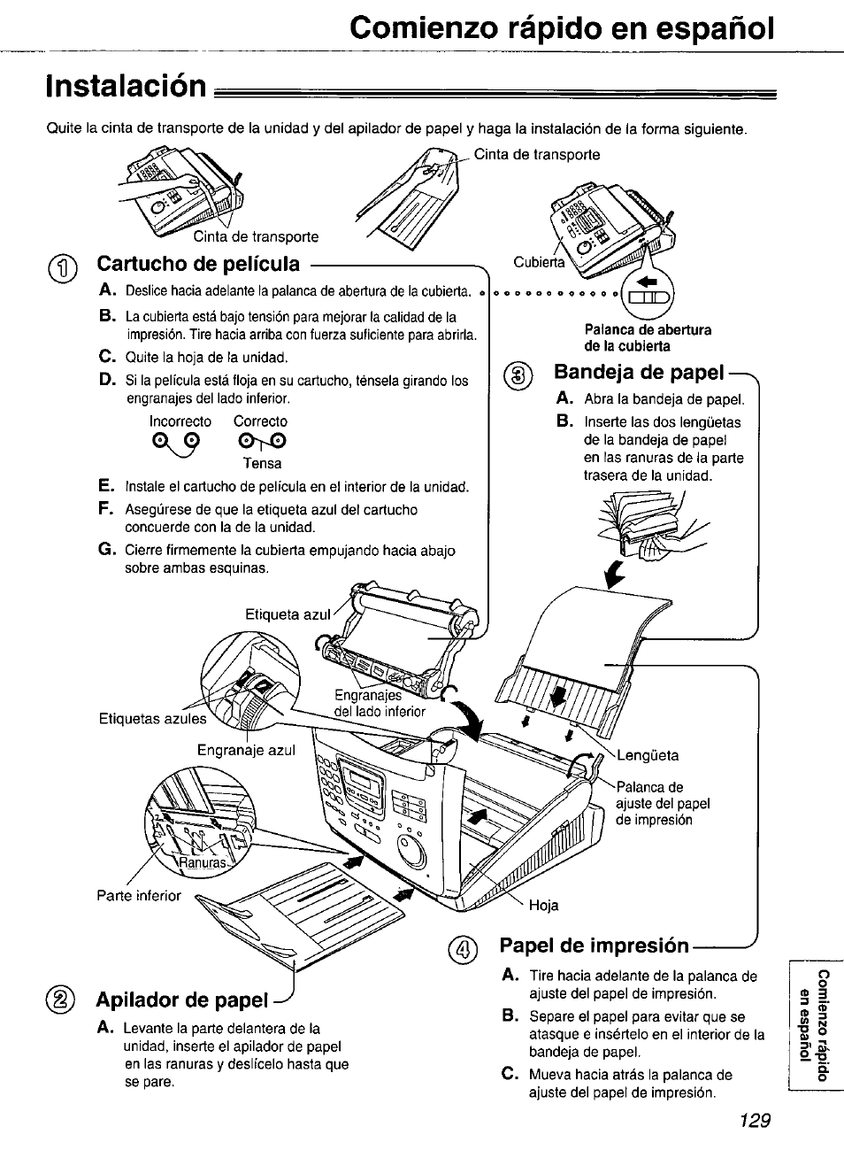 Instalación, Comienzo rápido en españoi, 0^^ o>o | Panasonic Compact Plain Paper FAX KX-FP270 User Manual | Page 129 / 144