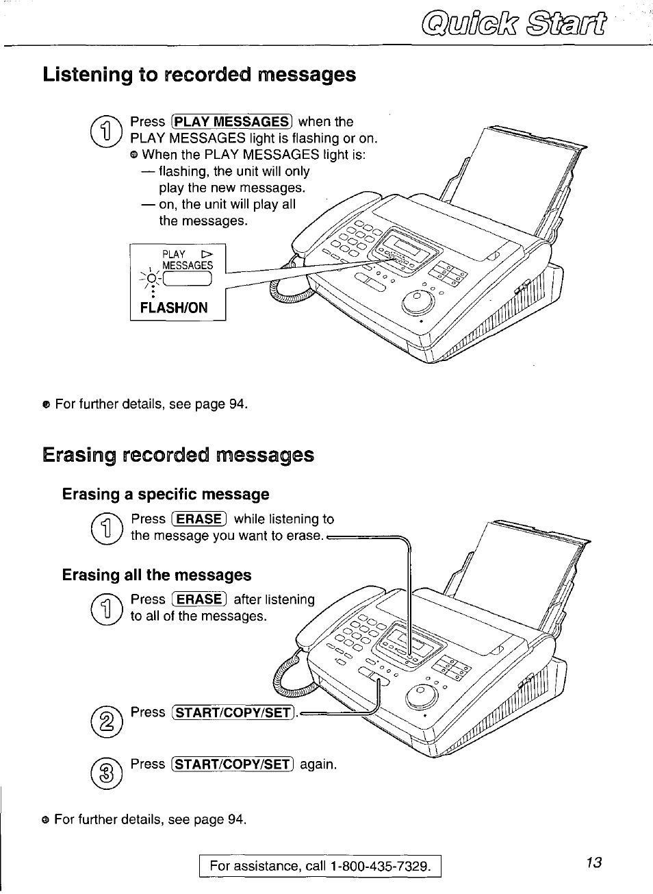 Listening to recorded messages, Erasing recorded messages, Erasing a specific message | Panasonic Compact Plain Paper FAX KX-FP270 User Manual | Page 13 / 144