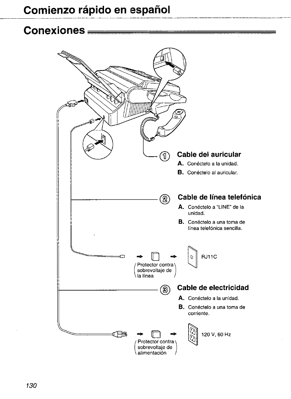 Conexiones, Cable del auricular, Cable de línea telefónica | Cable de electricidad, Comienzo rápido en español | Panasonic Compact Plain Paper FAX KX-FP270 User Manual | Page 130 / 144