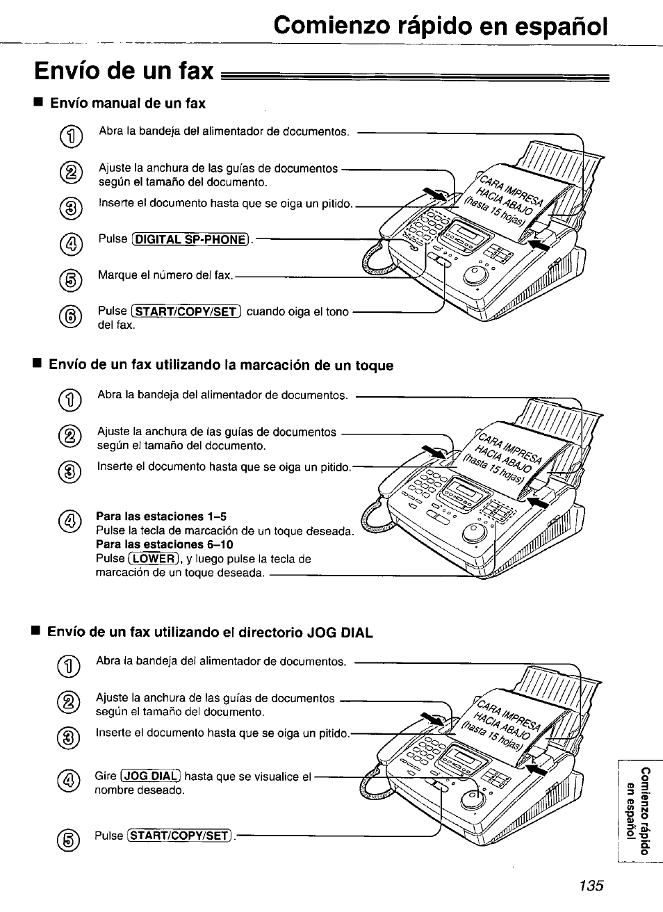 Envío de un fax, Envío manual de un fax, Envío de un fax utilizando et directorio jog dial | Comienzo rápido en españoi | Panasonic Compact Plain Paper FAX KX-FP270 User Manual | Page 135 / 144