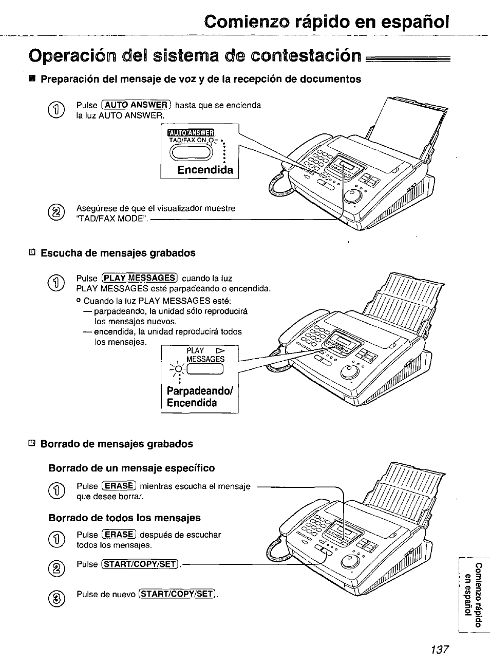 Escucha de mensajes grabados, Borrado de todos los mensajes | Panasonic Compact Plain Paper FAX KX-FP270 User Manual | Page 137 / 144