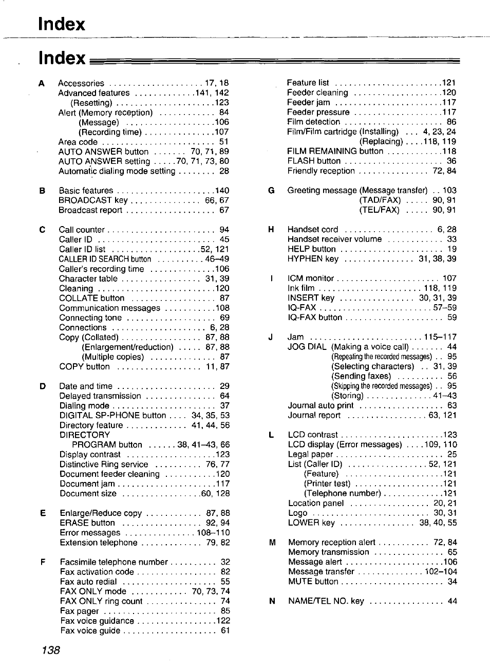 Index | Panasonic Compact Plain Paper FAX KX-FP270 User Manual | Page 138 / 144