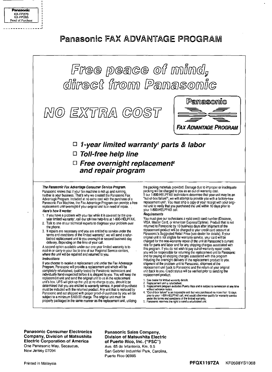 Panasonic fax advantage program, Year limited warranty' parts & labor, Toll-free help line | Free overnight replacement and repair program | Panasonic Compact Plain Paper FAX KX-FP270 User Manual | Page 144 / 144