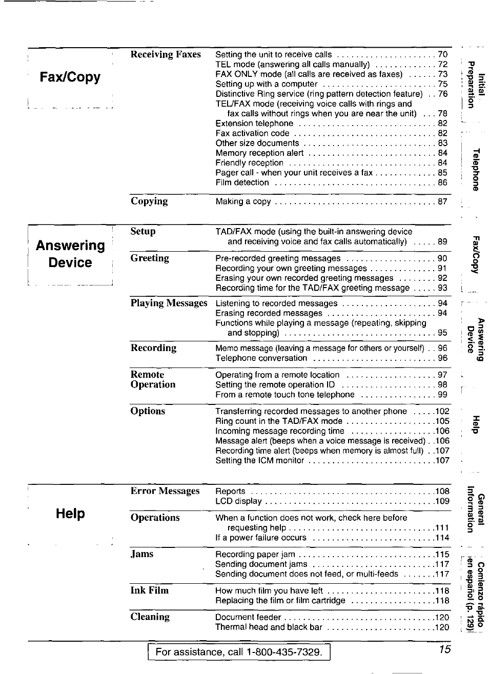 Fax/copy, Answering device, Help | Panasonic Compact Plain Paper FAX KX-FP270 User Manual | Page 15 / 144