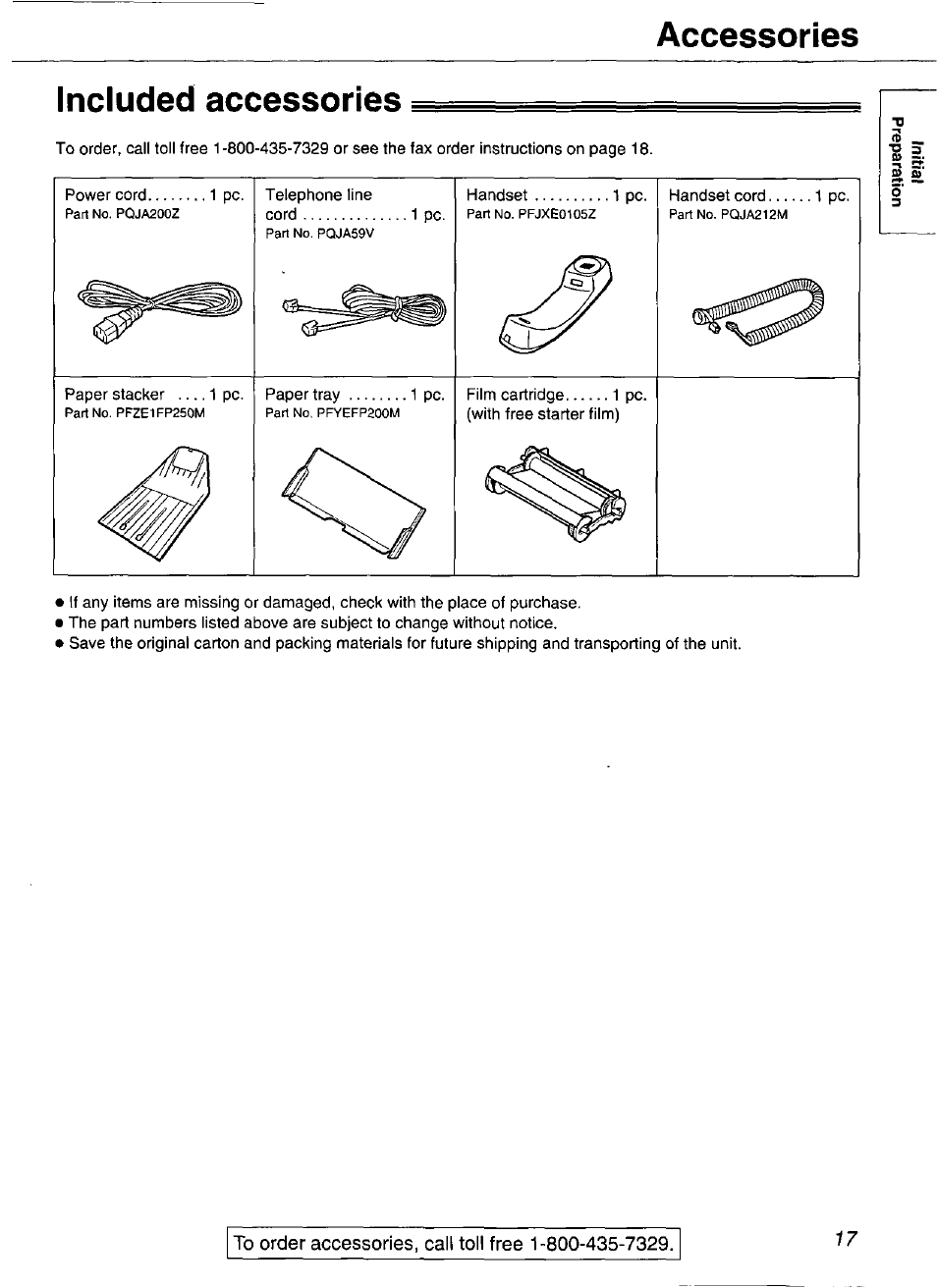 Accessories, Included accessories, Accessories included accessories | Panasonic Compact Plain Paper FAX KX-FP270 User Manual | Page 17 / 144