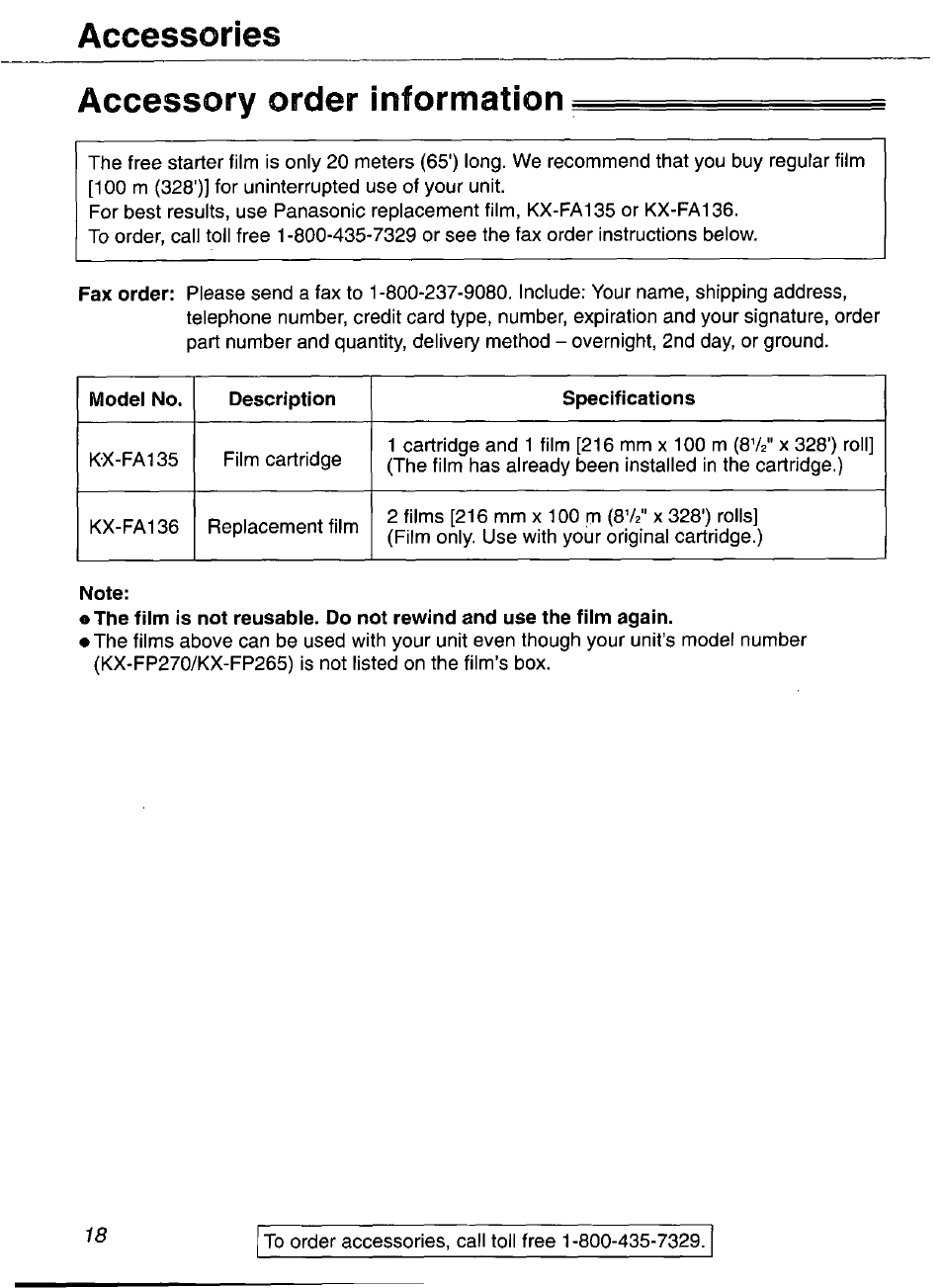 Accessories, Accessory order information, Accessories accessory order information | Panasonic Compact Plain Paper FAX KX-FP270 User Manual | Page 18 / 144